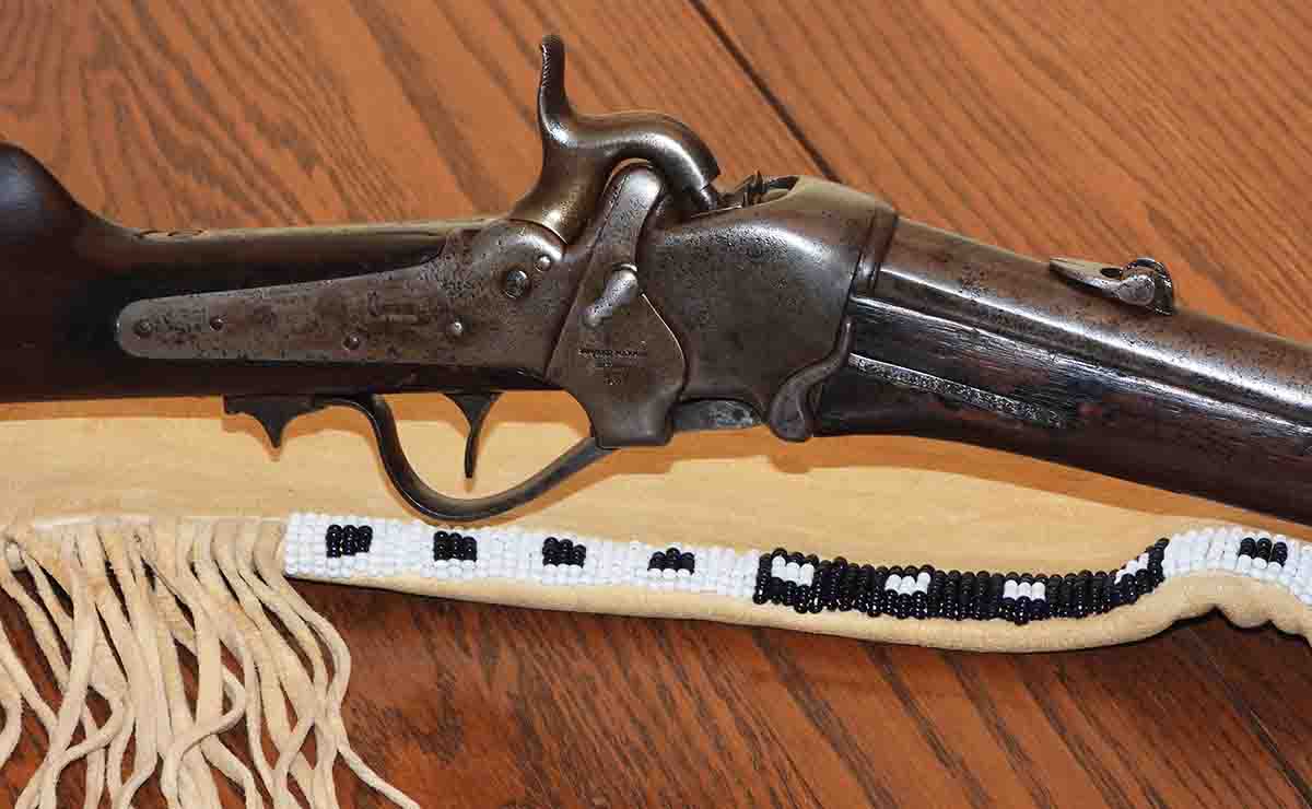 Action of a Model 1851 Sharps military carbine, serial number 369. This version is characterized by the box-lock style hammer, and the use of Maynard tape primers. Separate musket caps could also be used, and most often were, due to the bad effects of design and humidity on the Maynard tape rolls.